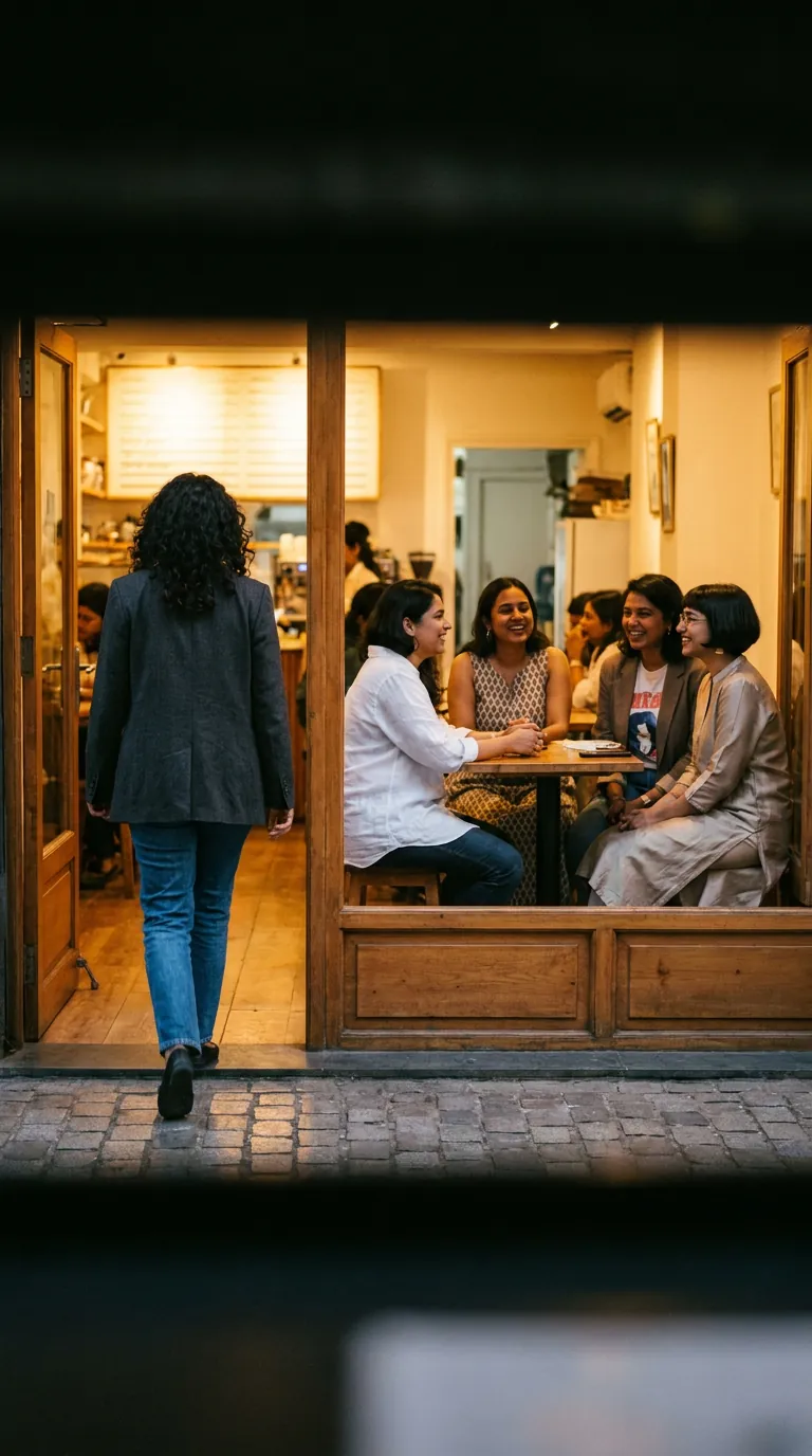 Seen from the street: a woman walking into a cafe where a table of women is already seated