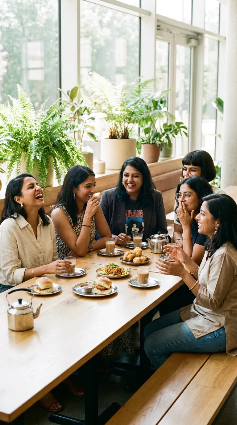 A long table by tall windows and ferns, women leaning in and laughing